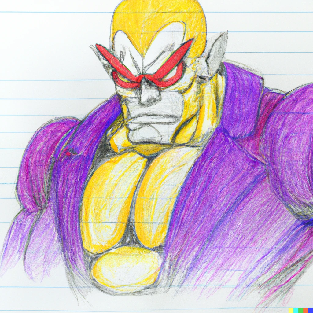 Prompt: Supervillain drawn in the style of Akira Toriyama using colored pencils