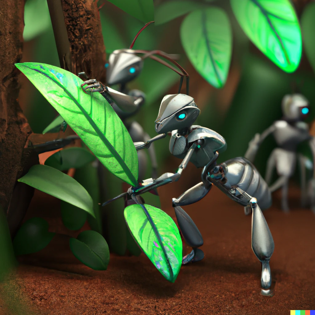 Prompt: robot ants cutting leaves, digital art