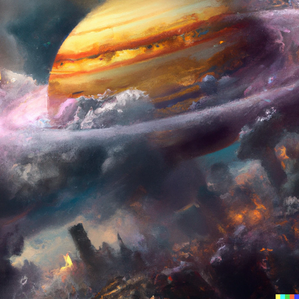 Prompt: a city in a dome floating through outer space, about to enter the clouds of jupiter