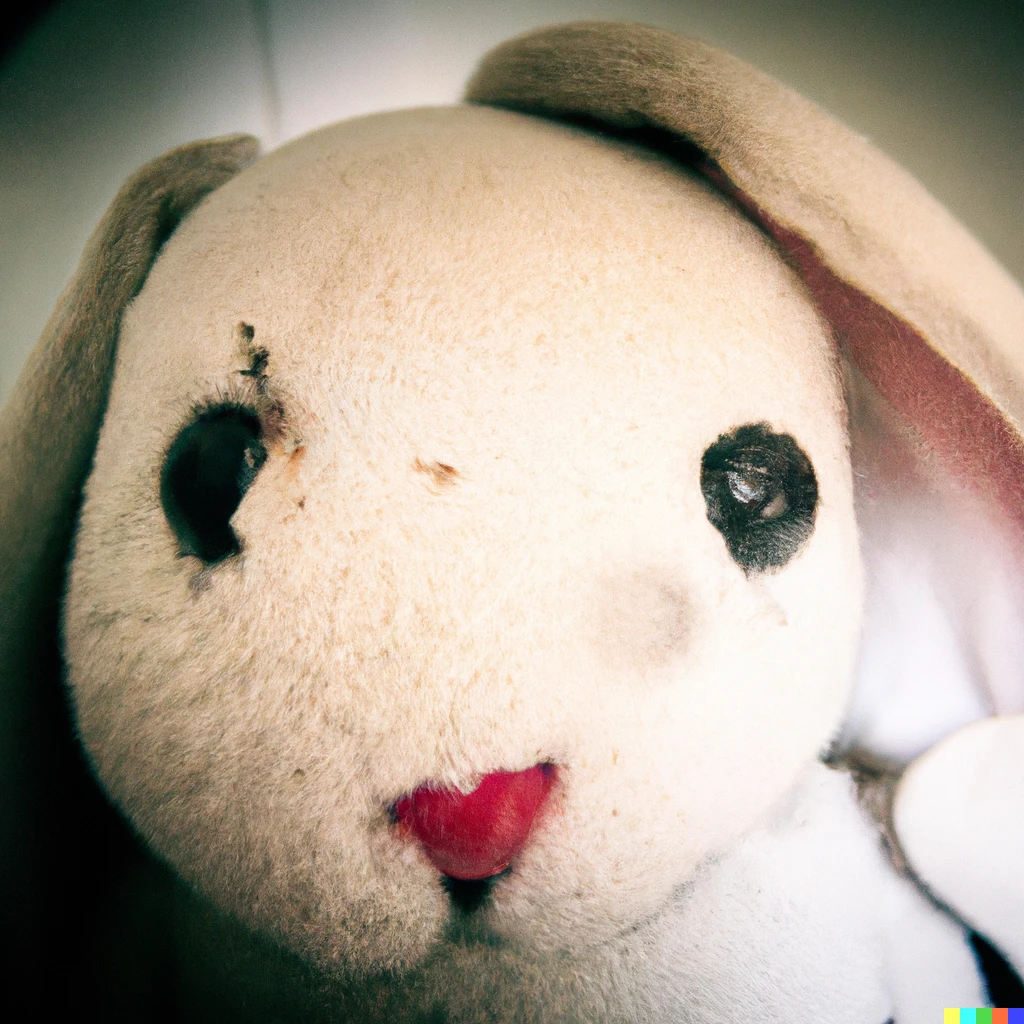 Prompt: Photo of an old stuffed bunny toy, 8mm lens