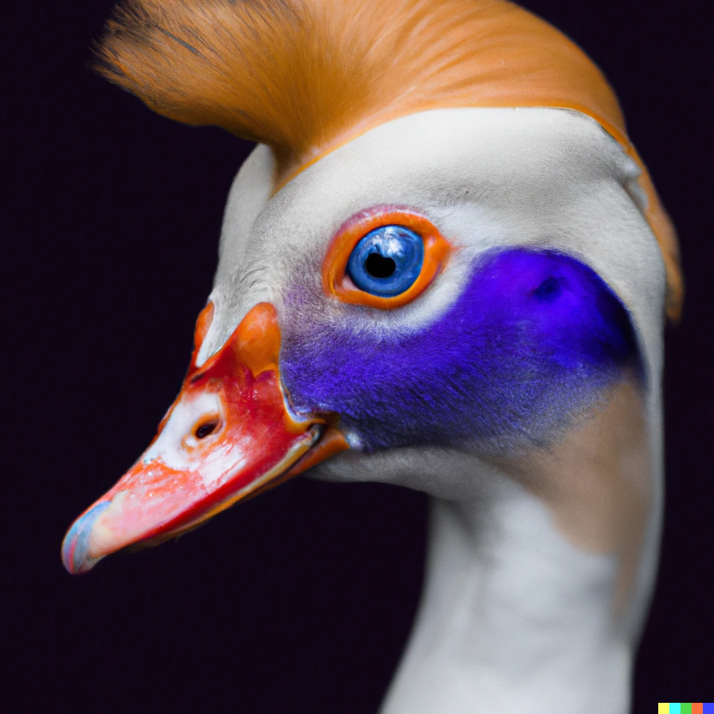Prompt: A duck with David Bowie makeup, portrait, dark bg