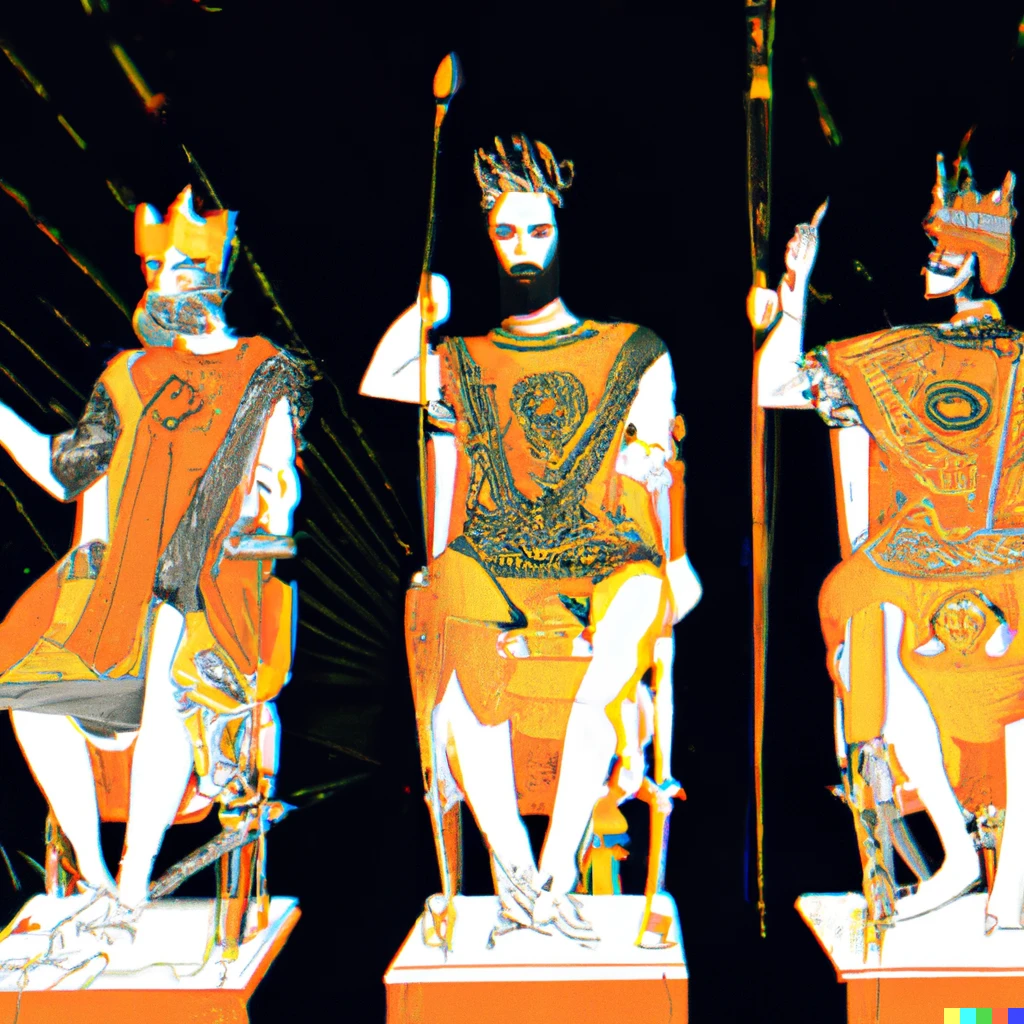 Prompt: ‪The Three Kings of Rome sitting on their thrones of diamonds and gold, in retrofuturism style with greco-roman facial features 