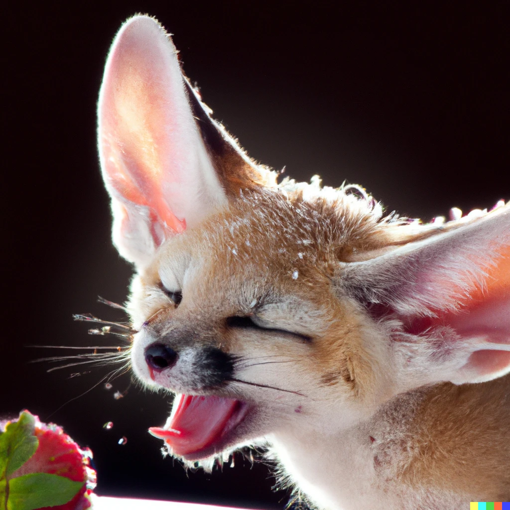 Prompt: a baby fennec sneezing onto a strawberry, detailed, macro, studio light, droplets, backlit ears