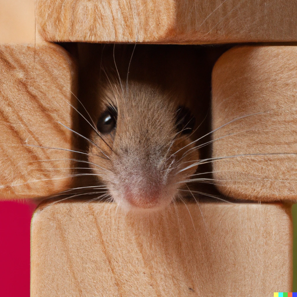Prompt: Macro photo of a mouse poking out of a Jenga tower 