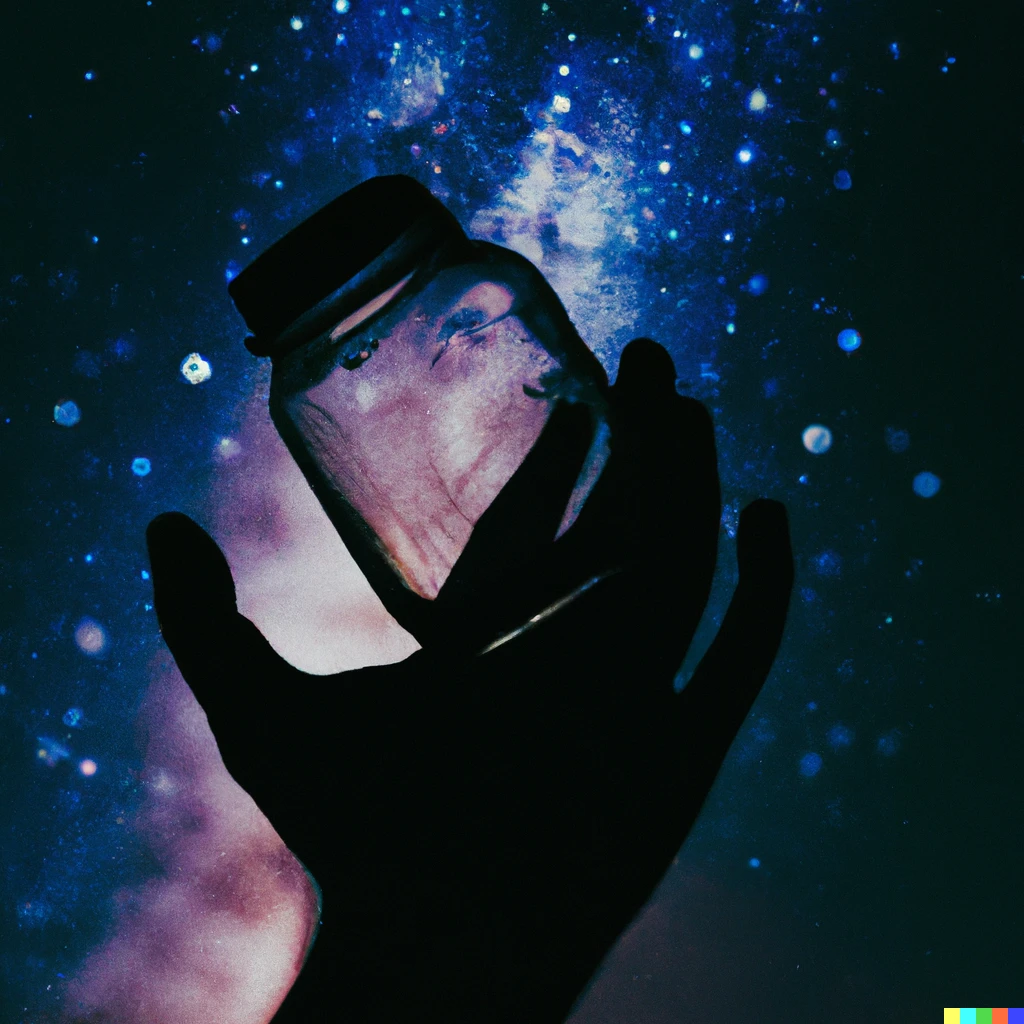 Prompt: 35mm HD image of silhouetted hand holding translucent mason jar under night sky against galaxy, grainy, detailed