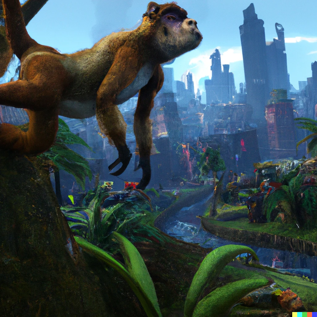 Prompt: A new Donkey Kong videogame with high detailed fur and face. Jumping and climbing in a very high detailed and realistic abandoned Los Angeles city with a lot of grass, plants and tall trees, digital art