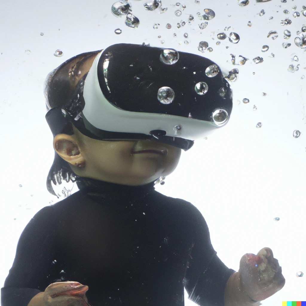 Prompt: Underwater shot of a baby wearing Apple VR headset and a turtle neck; water bubbles, particulate, studio lighting, white background, futuristic