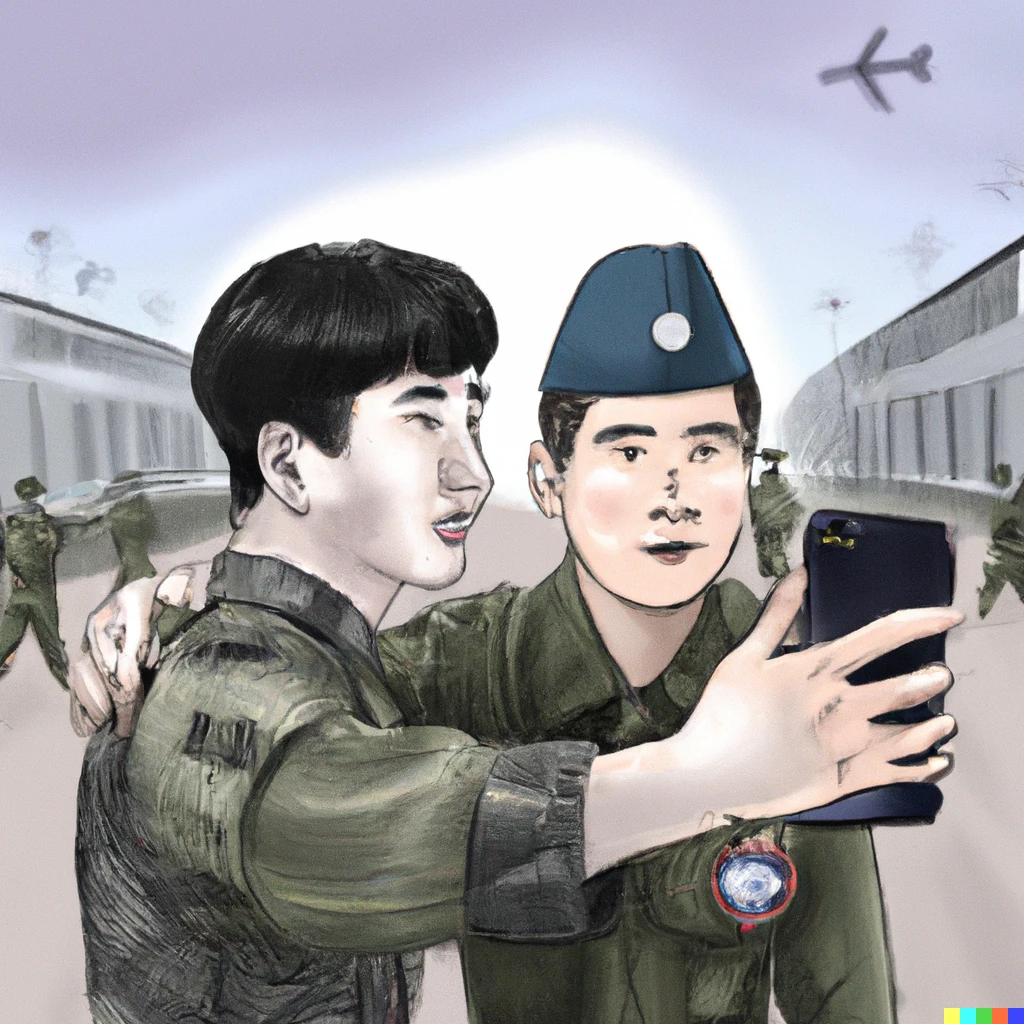 Prompt: A North Korean soldier and a South Korean soldier taking a selfie together at the Korean Demilitarized Zone, digital art