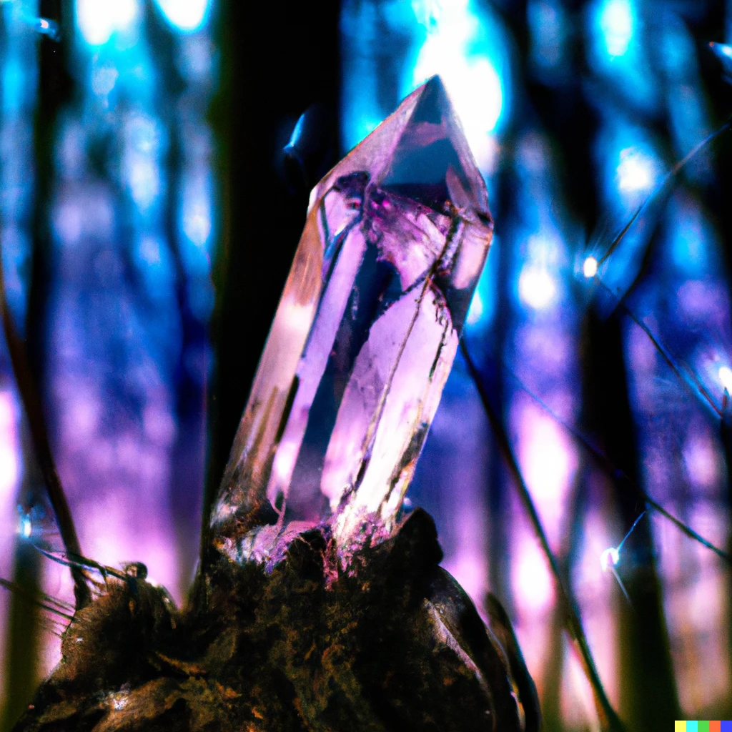 Prompt: Glowing crystal in forest, digital art, bokeh, striking