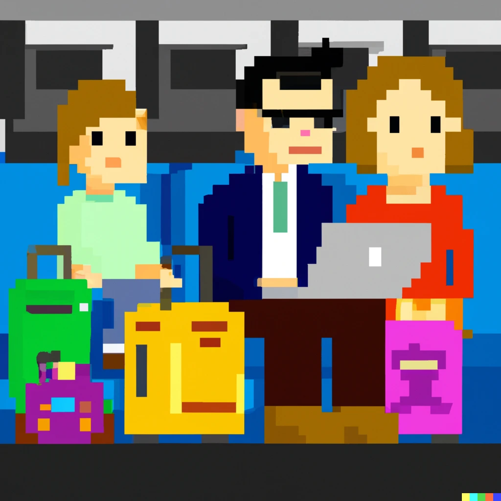 Prompt: A journalist waiting to board a plane with his family, pixel art