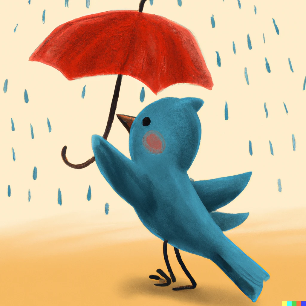 Prompt: A blue bird holding a red umbrella, storybook illustration