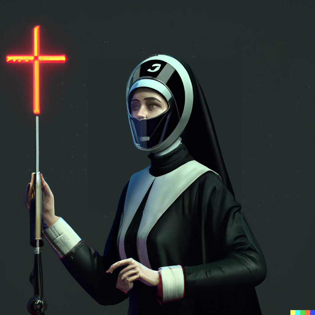 Prompt: Cyberpunk nun in cyberpunk church, digital art
