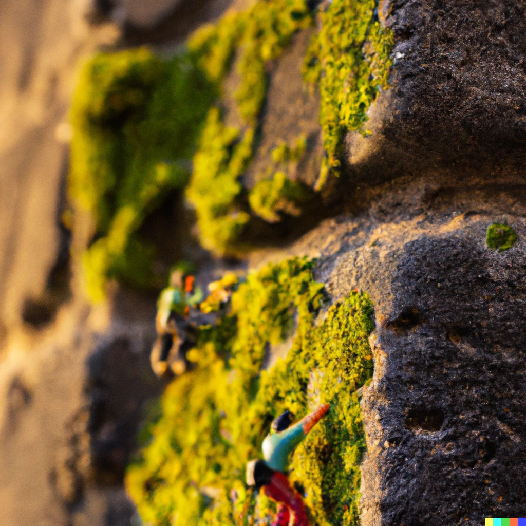 Prompt: highly detailed photo of a tiny people rock climbing a brick wall, bookeh, golden hour sunlight, moss