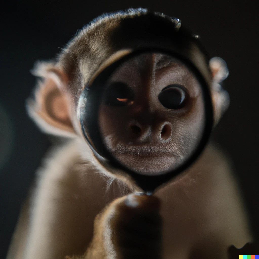 Prompt:  baby capuchin monkey looking through a magnifying glass, detailed, portrait, dark background, caustics