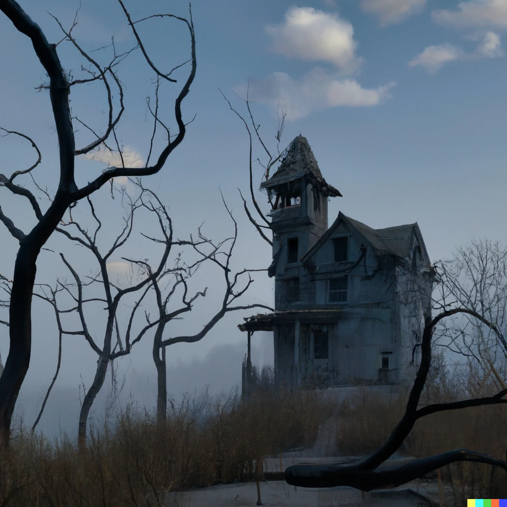 Prompt: creepy abandoned house on a foggy hill, realistic 4k art