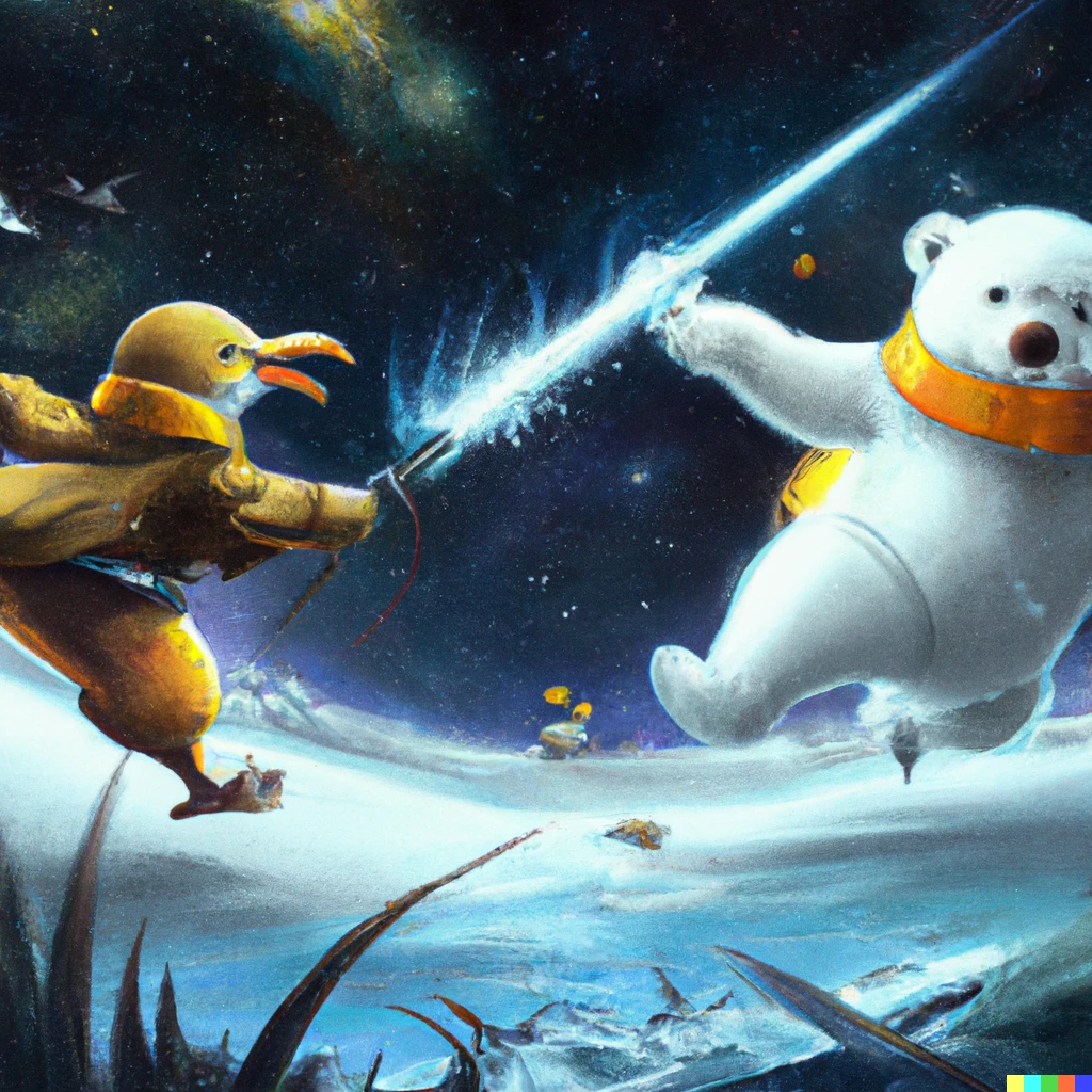 Prompt: A duck and a polar bear sword fighting in space, digital art