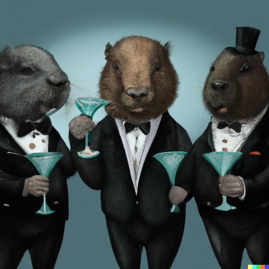 Prompt: Three capybaras in tuxedos holding martinis, digital art