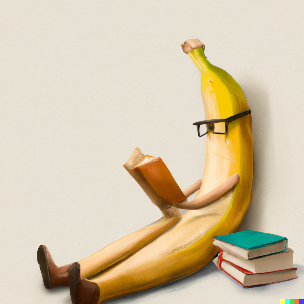 Prompt: A banana reading books, hyper realistic