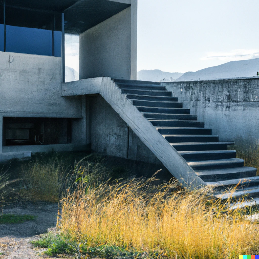 Prompt: A photo realistic image of a stairway leading to the glass facade of a concrete building submerged into the earth surrounded by wild grass with mountains in the background and a clear sky
