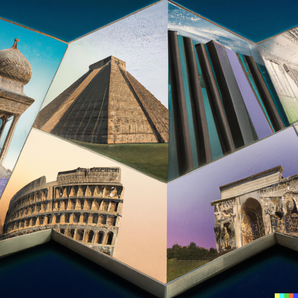 Prompt: An architectural composite of the seven wonders