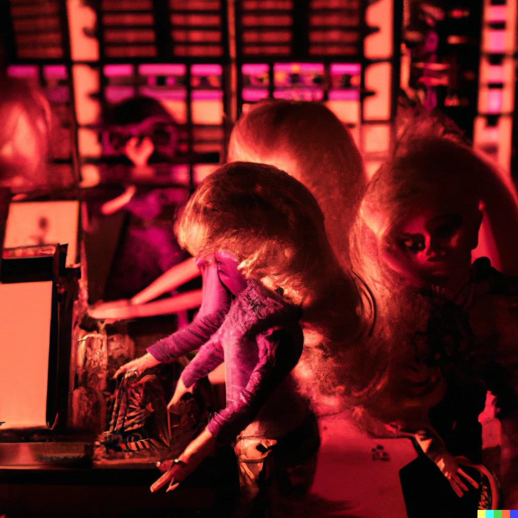 Prompt: Photograph of a dark, eerie, creepy synthwave server room, full of various Barbie dolls in different poses