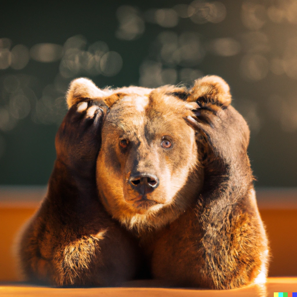 Prompt: a photo of a confused grizzly bear in calculus class, frontal view, paws on head, blackboard in background, bokeh, detailed, golden hour sunlight 