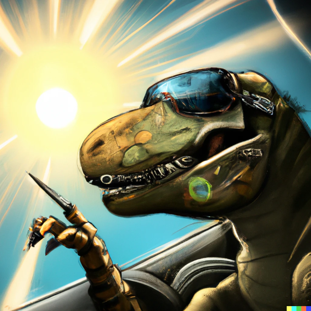 Prompt: digital art of a tyrannosaurus rex flying a fighter jet, wearing aviator goggles, blue sky, sun at zenith, contrails