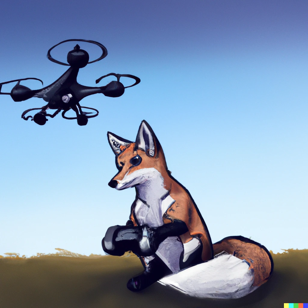 Prompt: digital art of A fox playing with a quadcopter