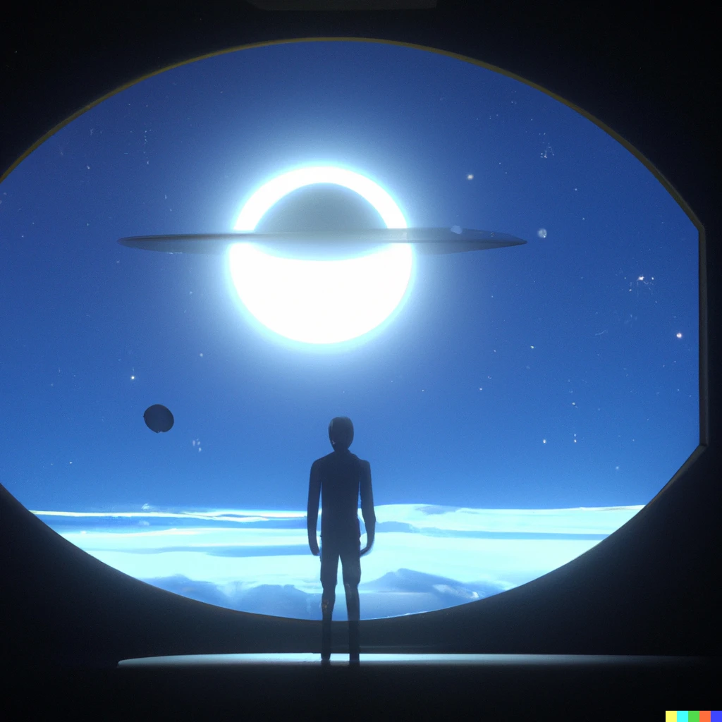 Prompt: A humanoid figure standing in front of an oval shaped window, gazing upon a spaceship the size of a planet emerging behind the horizon. Clouds are breaking, the atmosphere appears clear under the light of an artificial star. 8k HD