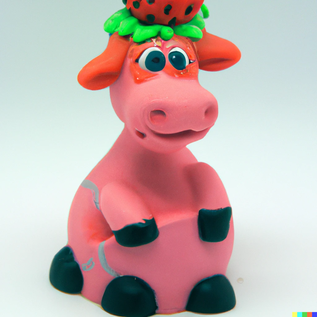 Prompt: A pink cow with a strawberry hat in the form of clay