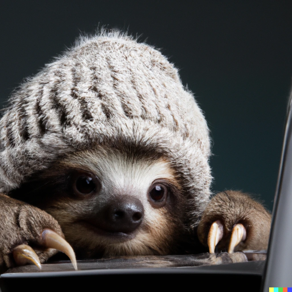 Prompt: A fluffy baby sloth with a knitted hat trying to figure out a laptop, close up, highly detailed, studio lighting, screen reflecting  in its eyes