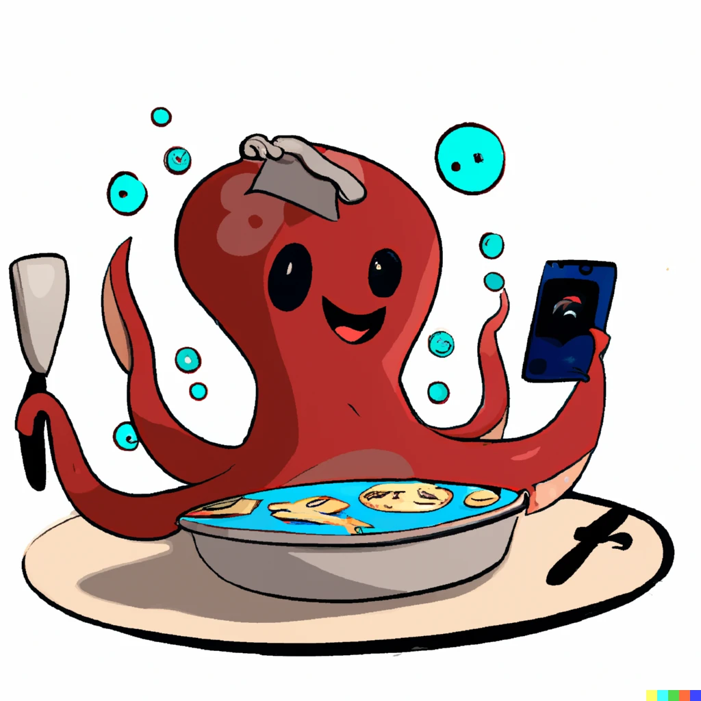 Prompt: An octopus doing the dishes while watching memes in the mobile phone and cooking a pizza