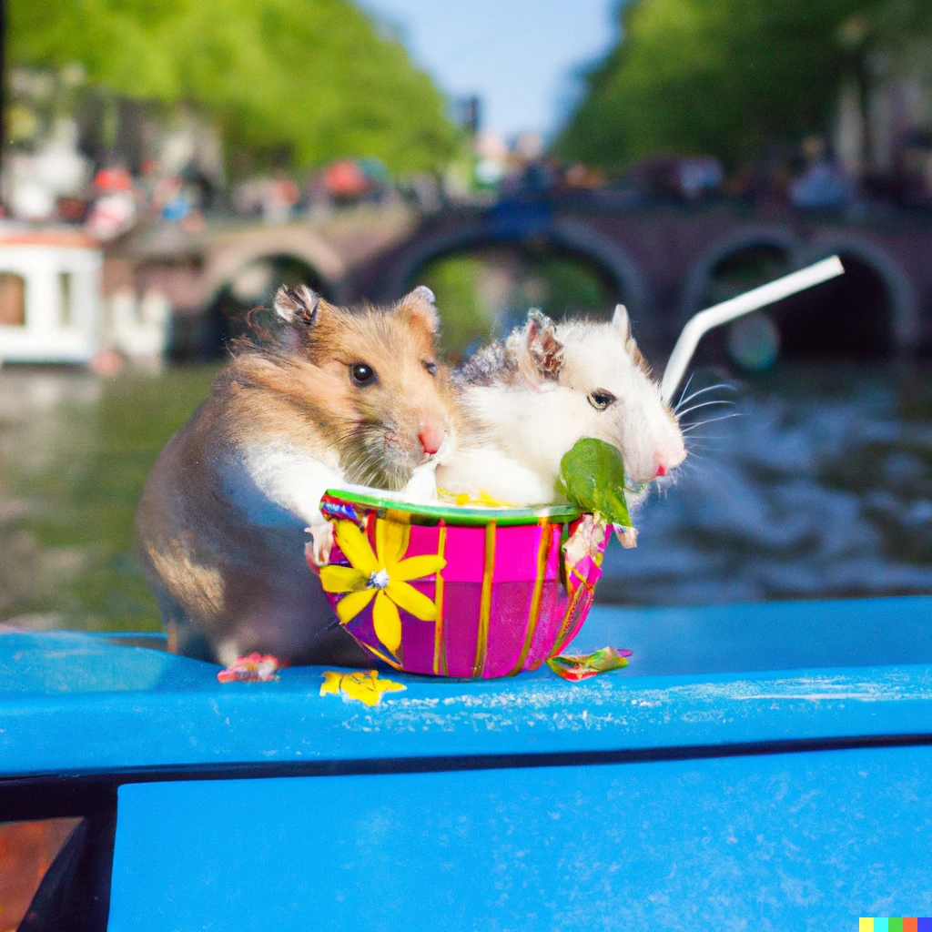 Prompt: Hamsters riding boats in Amsterdam with tropical drink