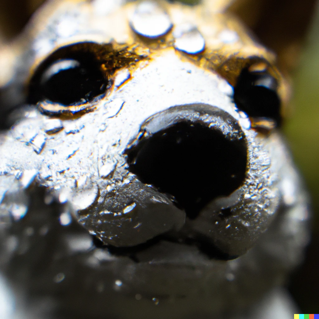 Prompt: a 35mm macro shot of corgi statue covered in water droplets, 8K HD