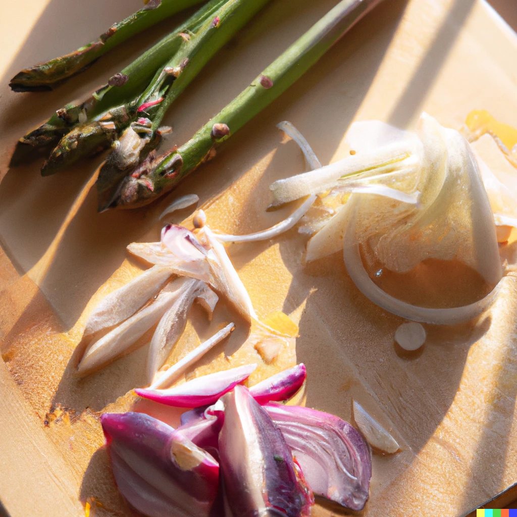 Prompt: cut onions and asparagus on a wooden board, cook book photo, sun shining in