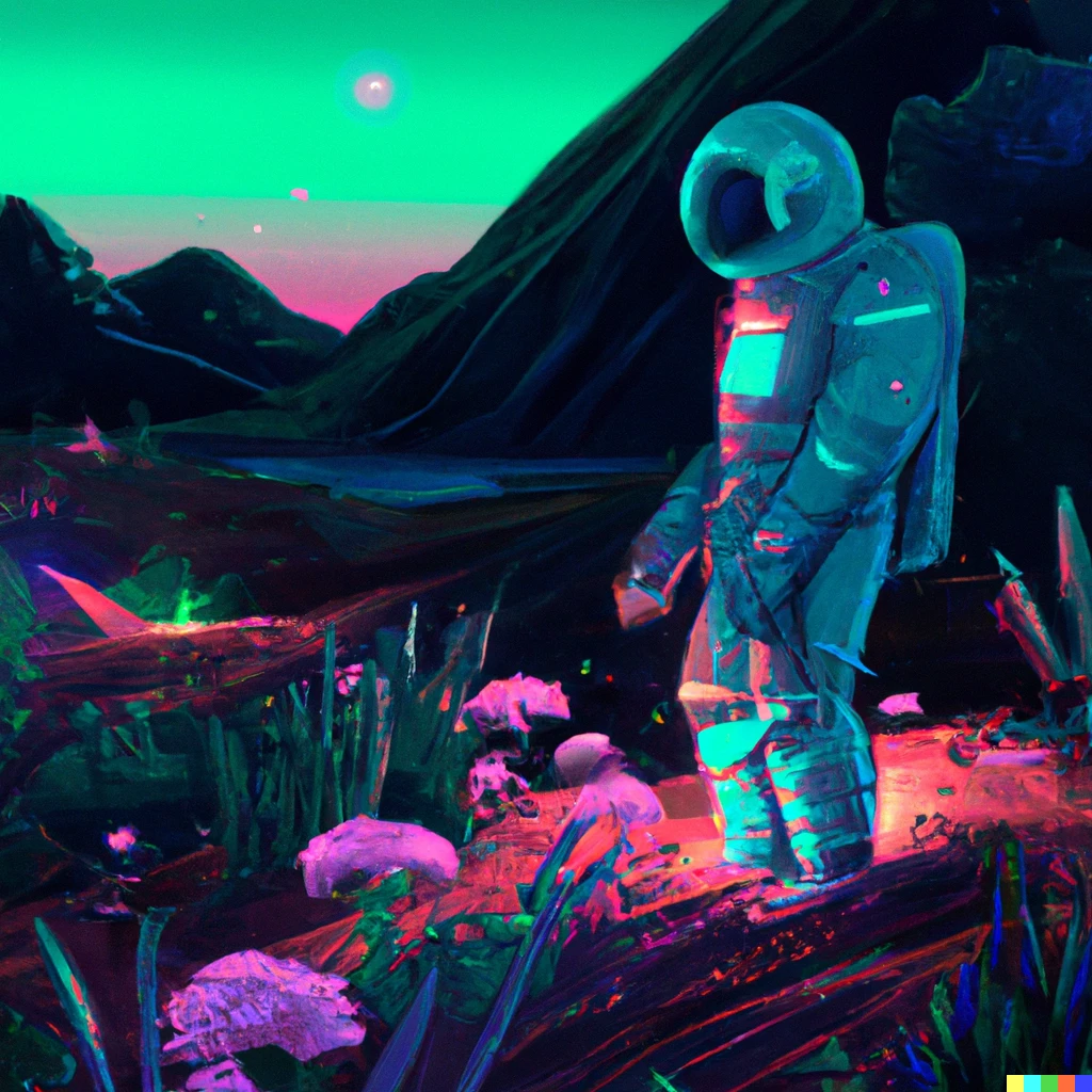 Prompt: Landscape of alien planet with toxic environment and bioluminescent flora glowing at evening time with space explorer/astronaut in foreground. Done in the style of 70's Sci-Fi concept art.