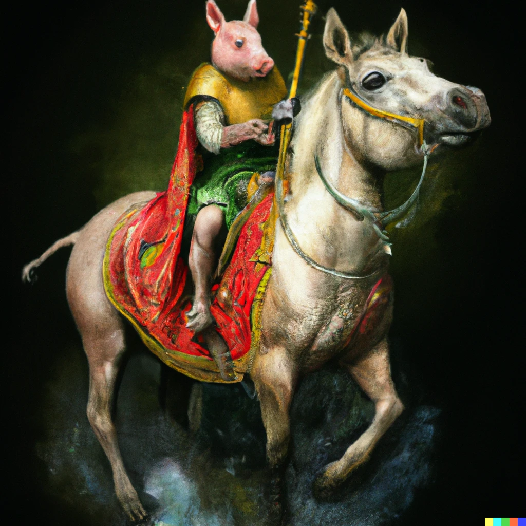 Prompt: Noble medieval pig riding horse, hyperrealistic painting