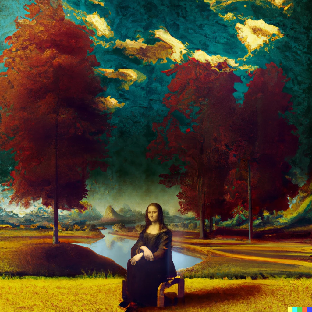 Prompt: a woman sitting in nature. in the style of the mona lisa