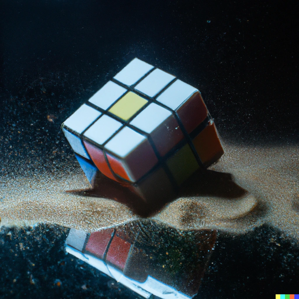 Prompt: A 35mm macro photo of a rubiks cube, studio lighting, the cube dissolving into sand, reflective table