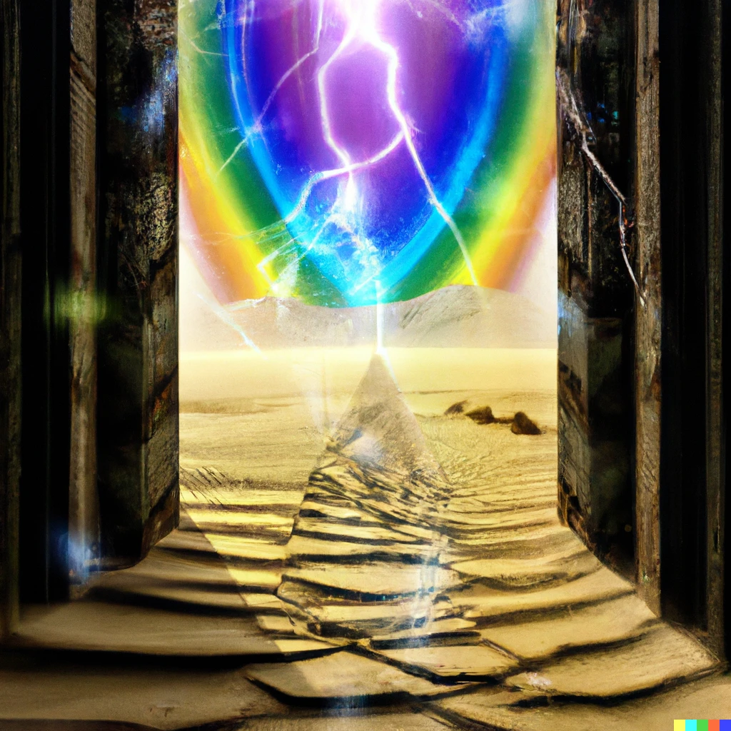 Prompt: The Ishtar door in the ash desert leads to a dimension full of rainbow energy