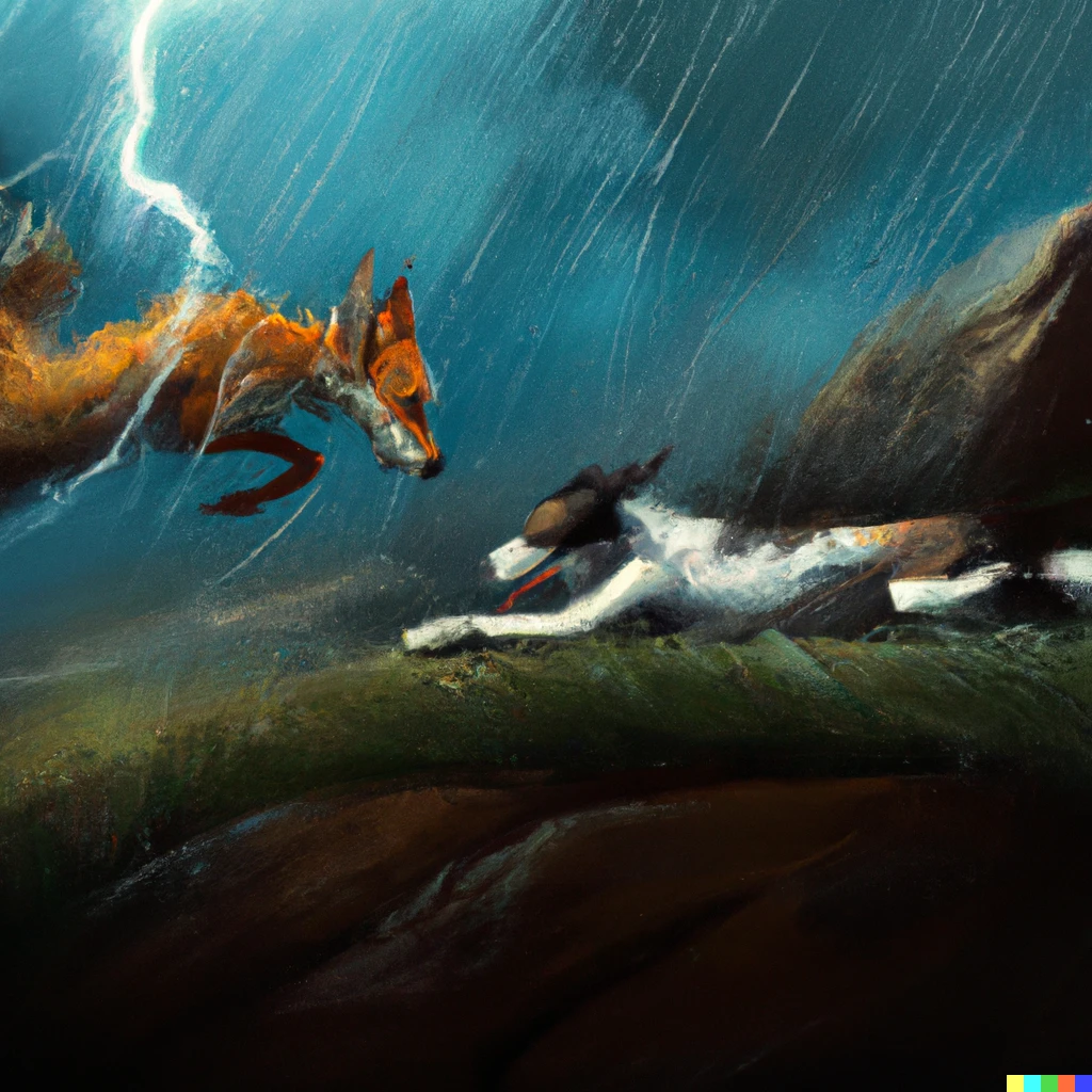 Prompt: The quick brown fox jumps over the lazy dog, dramatic lightning, digital art, cliff, rain, portrait