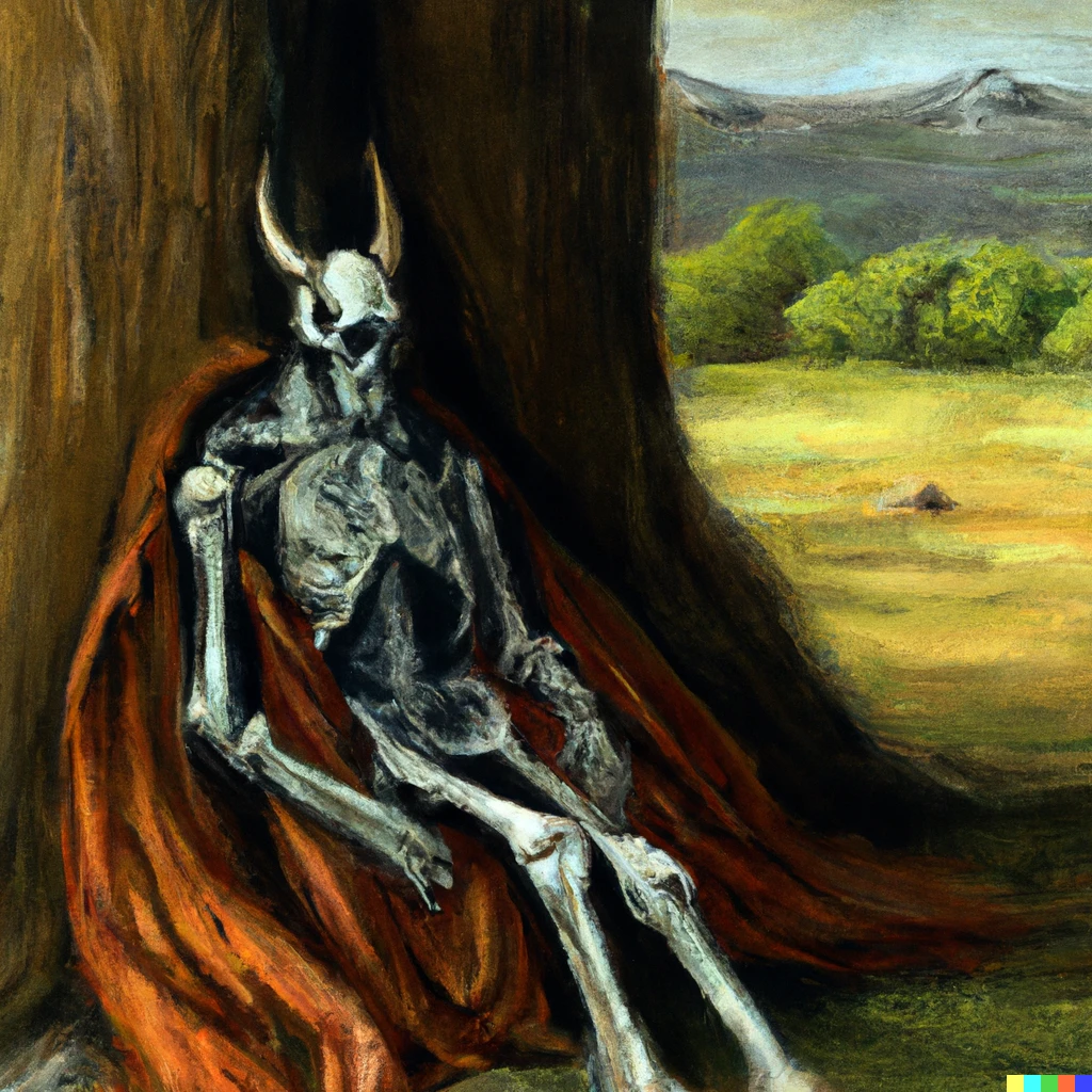 Prompt: horned skeleton, wearing medieval armour, sitting against tree, oil painting