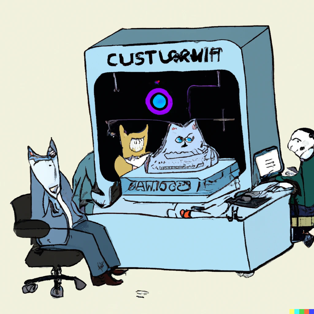 Prompt: A quantum computer which is similar to IBM's or Google's but has cats sitting inside it, surrounded by scientists preparing to operate it.