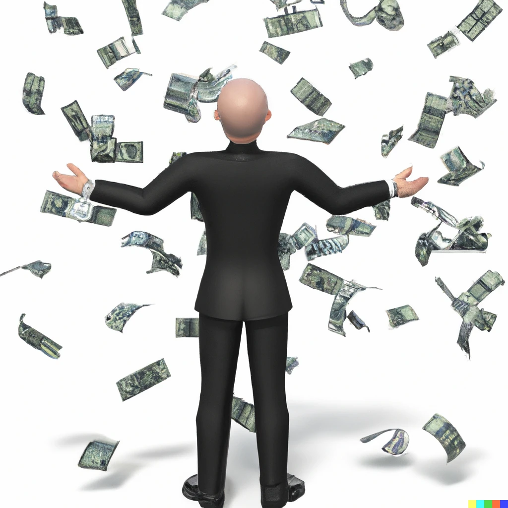 Prompt: 
‏A wall street executive throwing money into the air, in 3d, view from the back