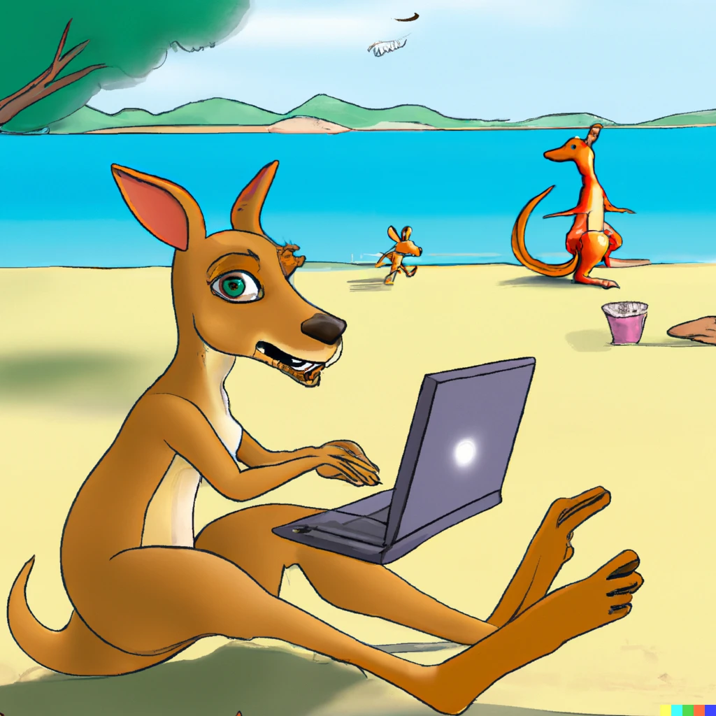 Prompt: A kangaroo working on his laptop at the beach, a kangaroo family plays in the background, manga style.