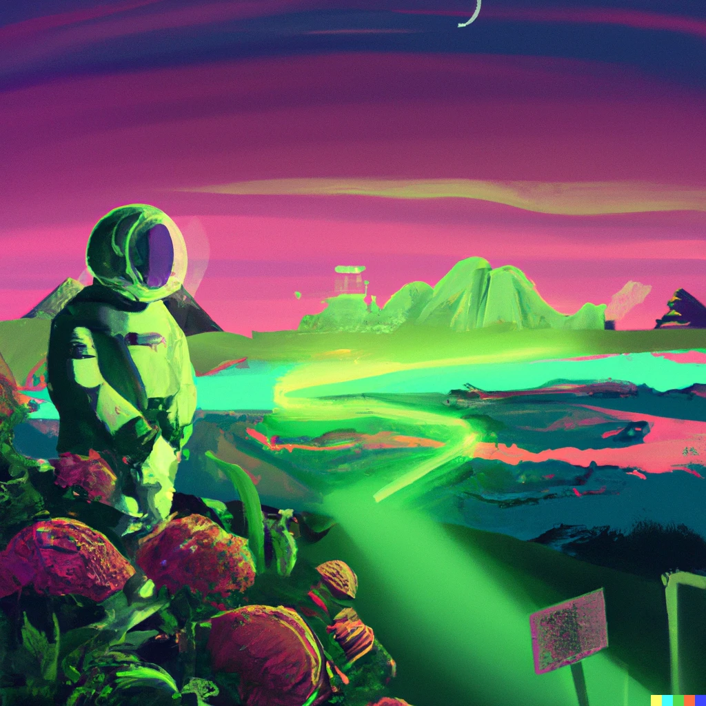Prompt: Landscape of alien planet with, toxic enviroment and bioluminescent flora glowing at evening time with space explorer/astronaut in foreground. Done in the style of 70's Sci-Fi concept art.
