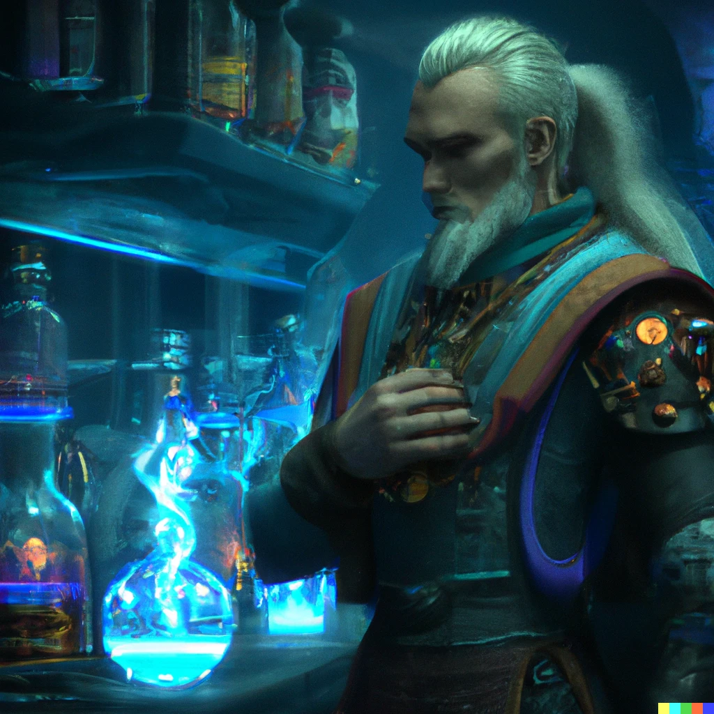Prompt: Geralt of Rivia from witcher brewing potion in an advanced futuristic laboratory, digital art