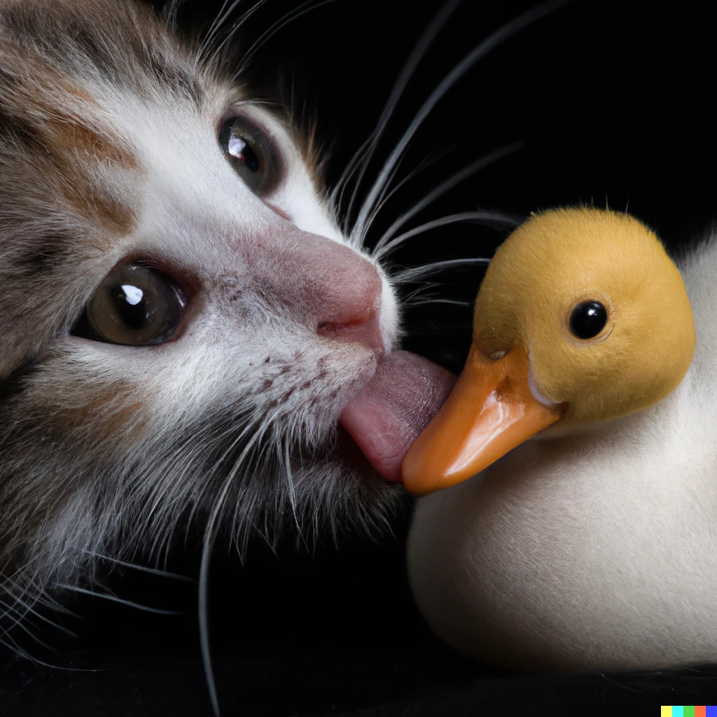 Prompt: 35mm macro shot a kitten licking a baby duck, studio lighting 
