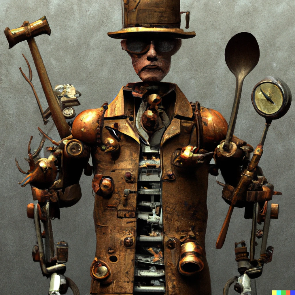Prompt: steampunk butcher with bronze exoskeleton arm and meathook, artstation, detailed