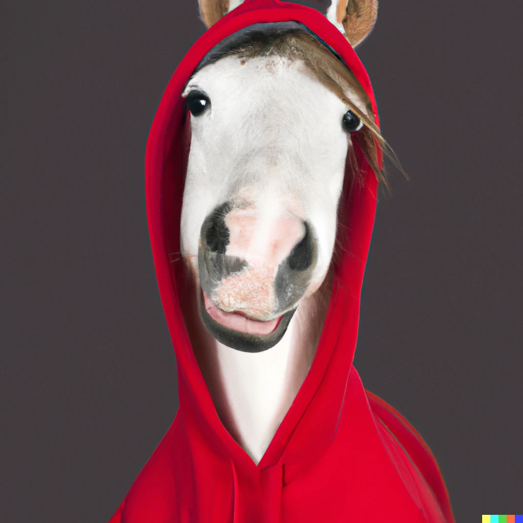 Prompt: happy horse wearing a red hoodie, studio, portrait, facing the camera, detailed